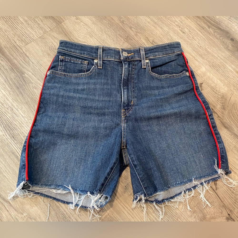 Levis Mile High Shorts Womens 27 Blue Wide Leg Denim Red Stitching Cutoff Summer - Picture 1 of 6